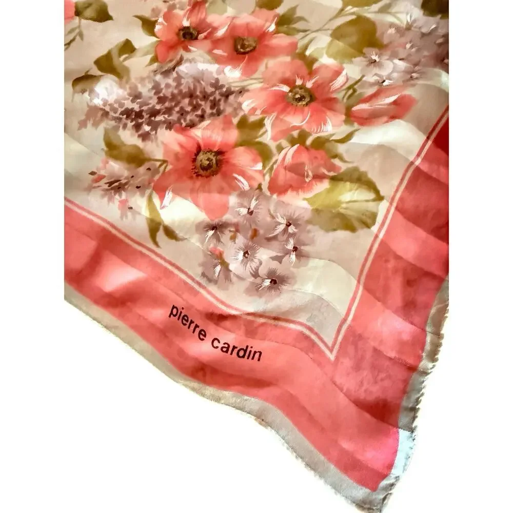 Vintage Pierre Cardin Paris Silk Scarf Coral Lilac Bouquet Watercolor Floral 35
